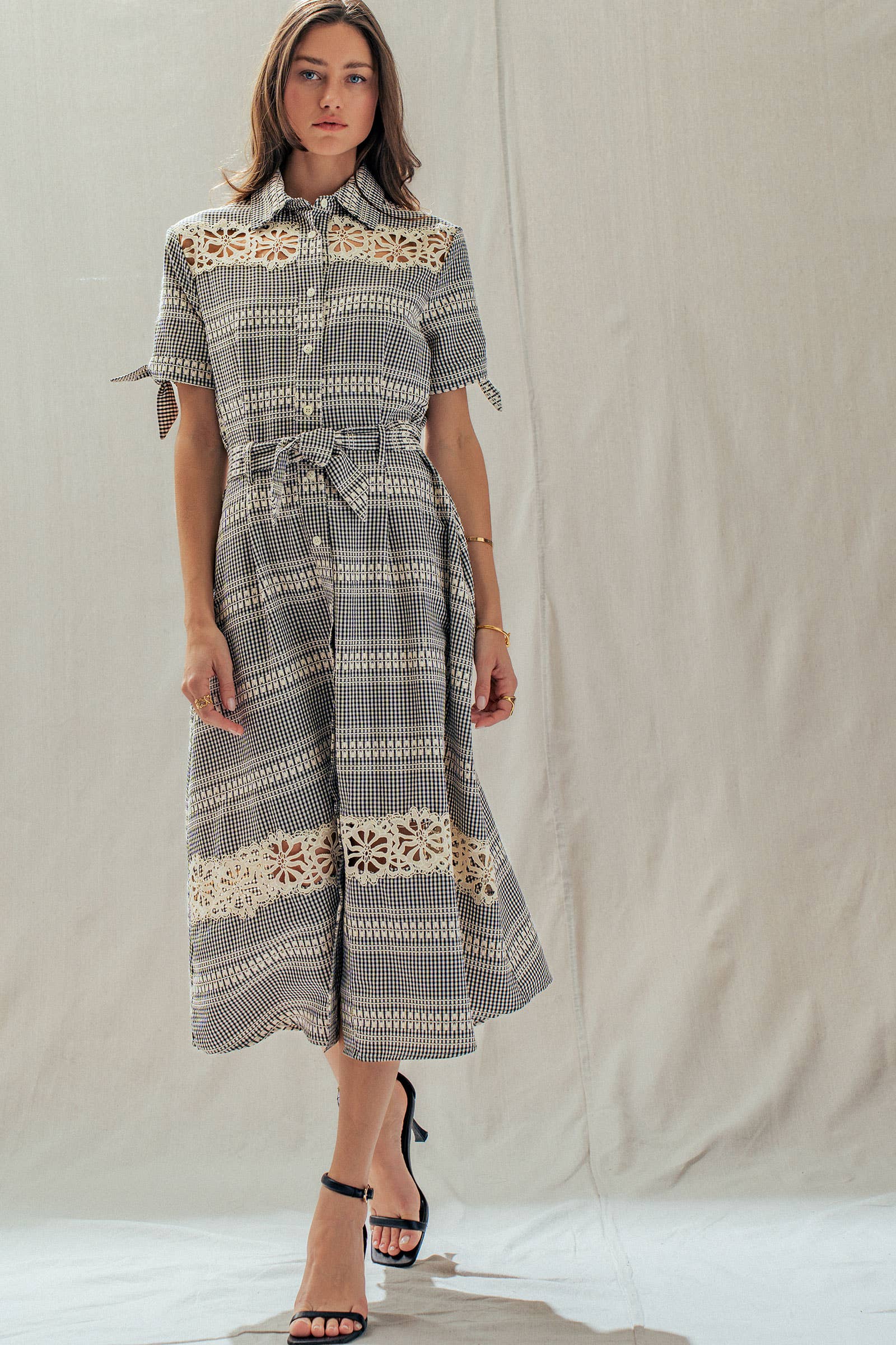 Gingham Cotton Shirt Dress Eyelet Embroidery