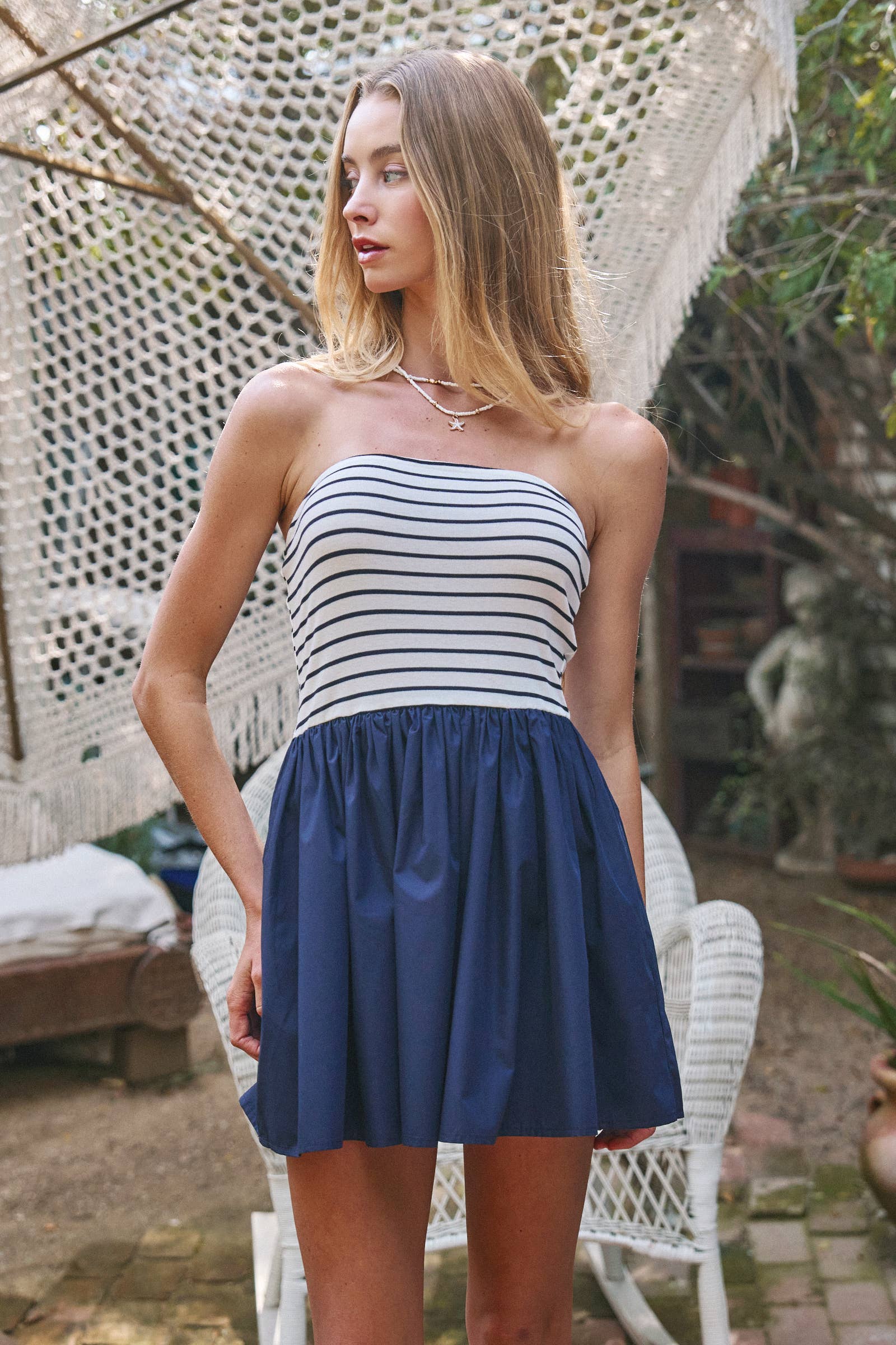 Mixed Media Strapless Knit & Poplin Mini Dress