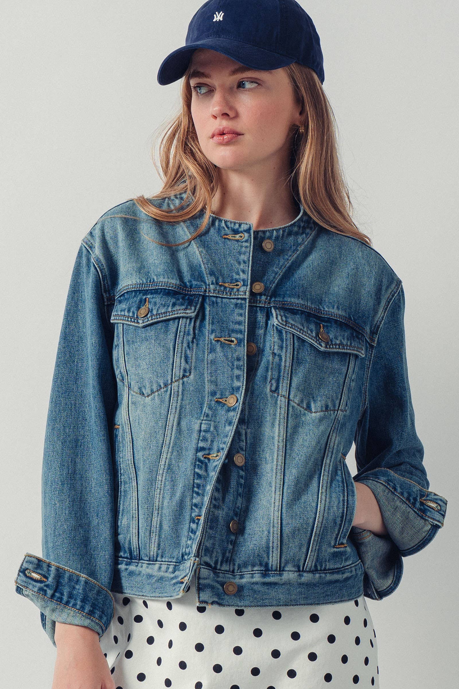 Urban Daizy Collarless Wash Denim Chore Jacket Denim Denim Jacket - Women's (UDOW0294-Denim)