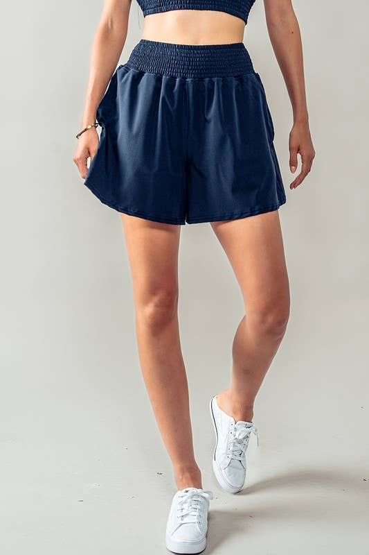 Urban Daizy Smocked High Waist Relaxed Fit Summer Shorts Navy Shorts - Women's (UDZ-PT-00266) – alternate view 6