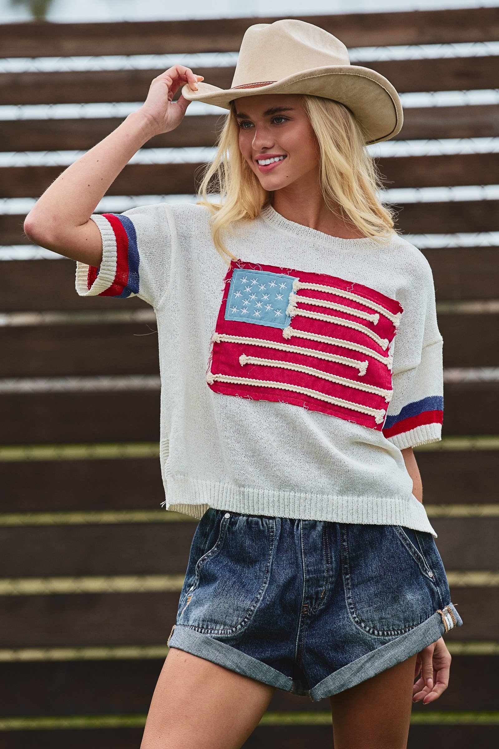 Flag Applique Knit Sweater with Stripe Cuffs
