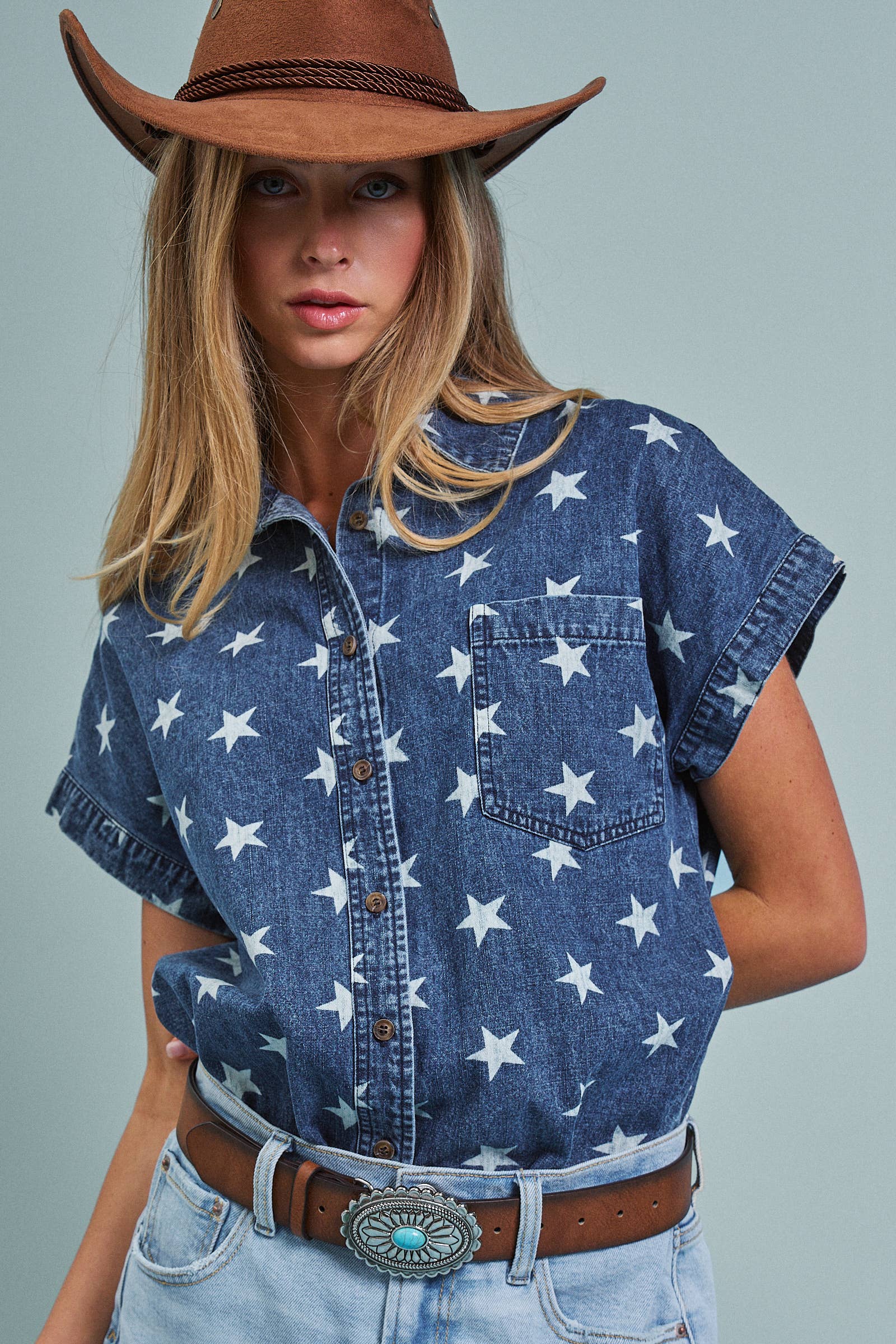 Star Print Chambray Short Sleeve Button Down