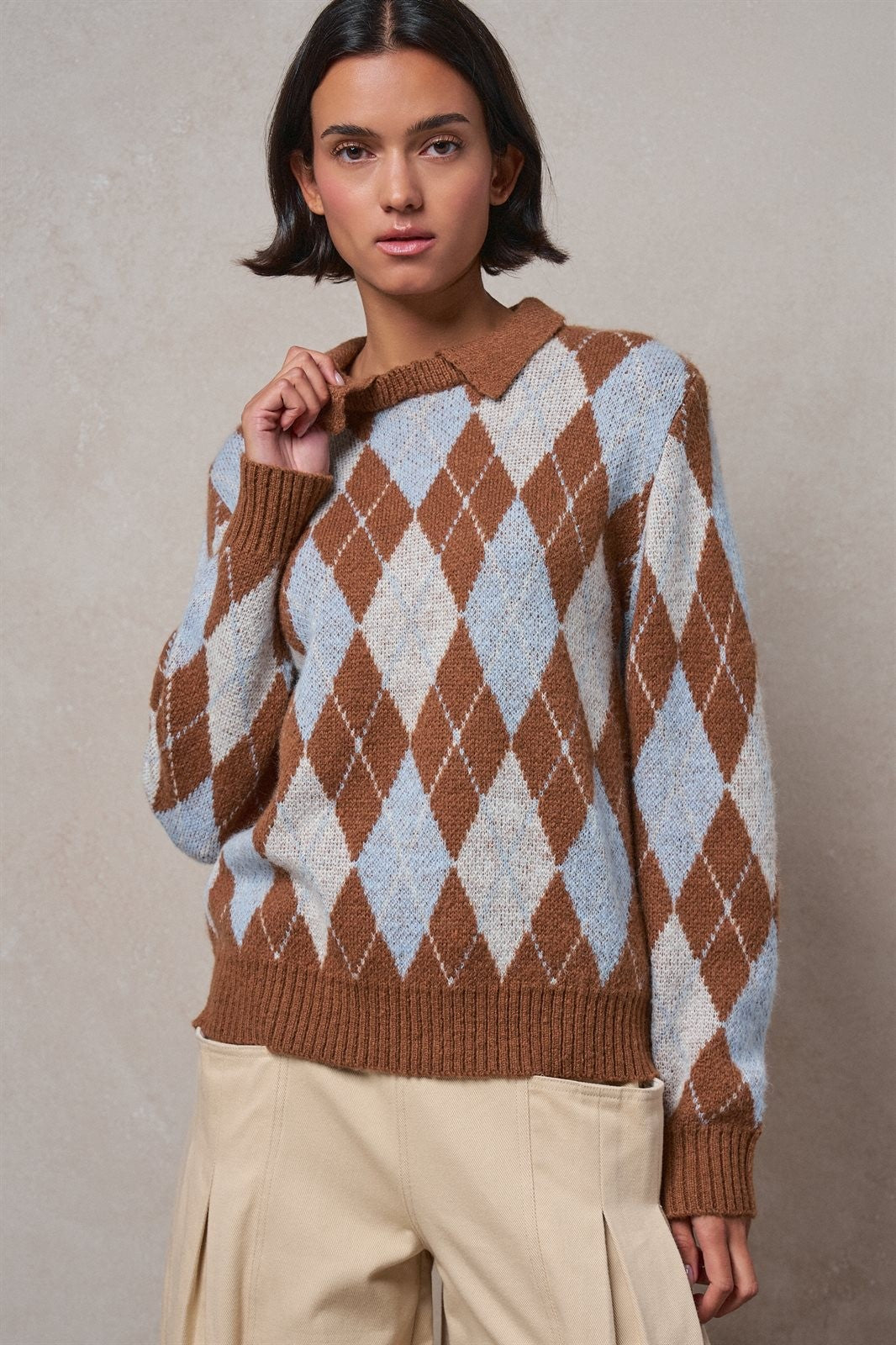 Argyle Polo Collar Sweater in BROWN MULTI - Women's Sweaters | Urban Daizy