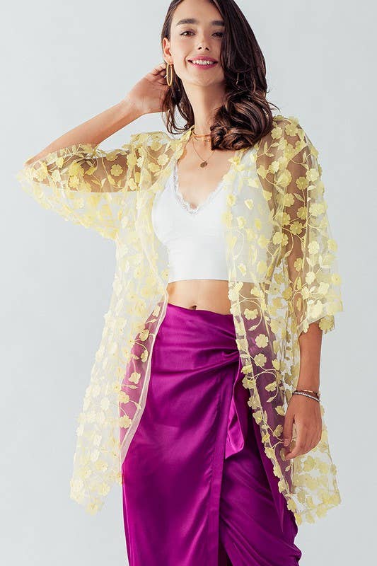 Urban Daizy Romantic Sheer Floral Embroidered Duster Length Kimono Yellow Kimono - Women's (UDZ-KN-00020) – alternate view 12