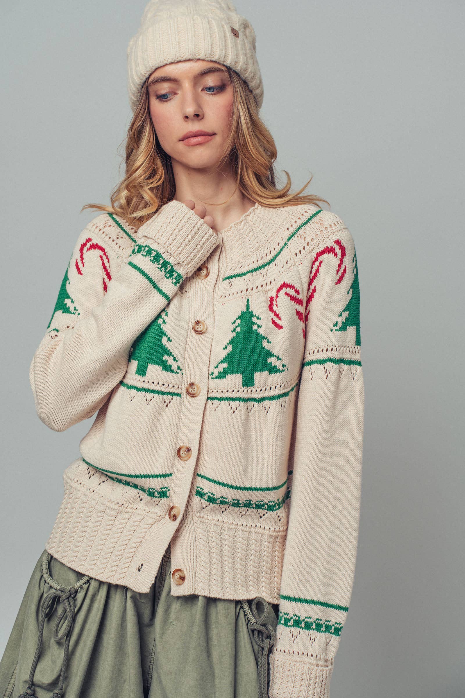 Urban Daizy Graphic Knit Eyelit Tier Button-Front Cardigan Ivory Cardigan - Women's (UDZ-KN-00150) – alternate view 3