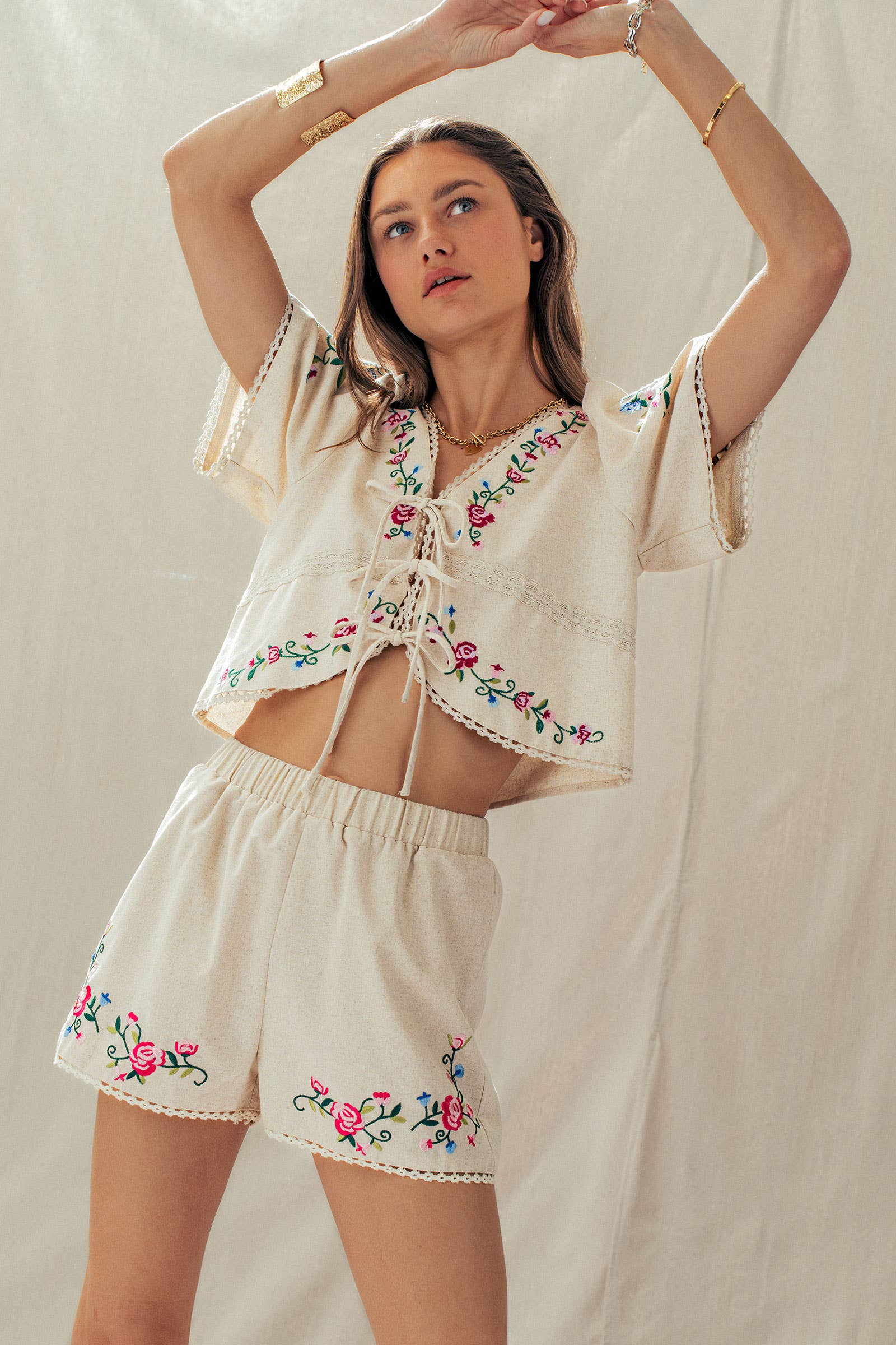 Boho Embroidered Lace Trim High-Rise Summer Shorts