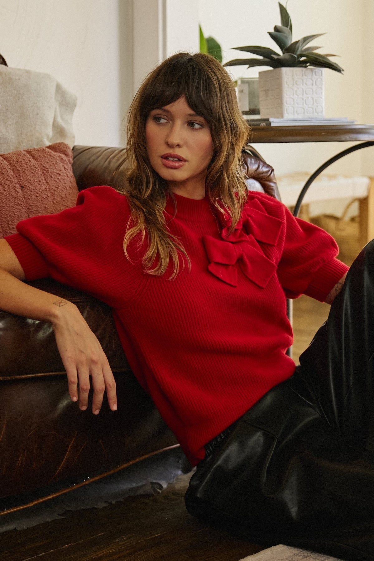 Bow Detail Puff Sleeve Ribbed Knit Sweater in RED - Women's Sweaters | Urban Daizy