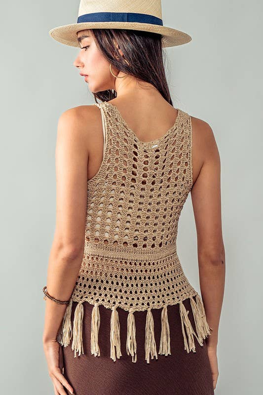 Urban Daizy Crochet Knit Boho Tassel Hem Summer Cover Top Khaki Knit Top - Women's (UDZ-TP-00504) – alternate view 4