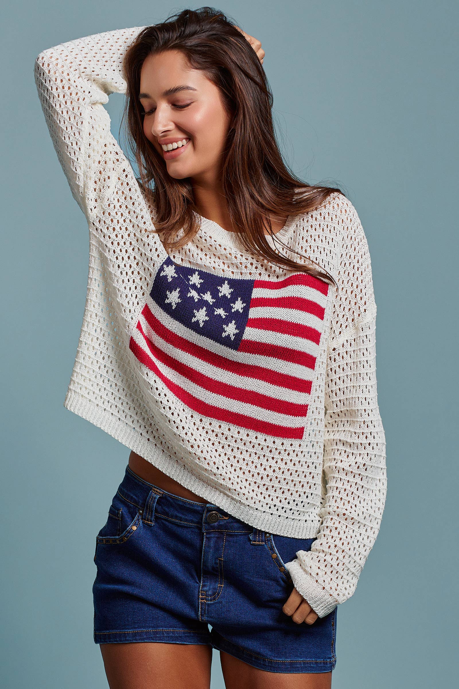 American Flag Patch Open Knit Cotton Sweater