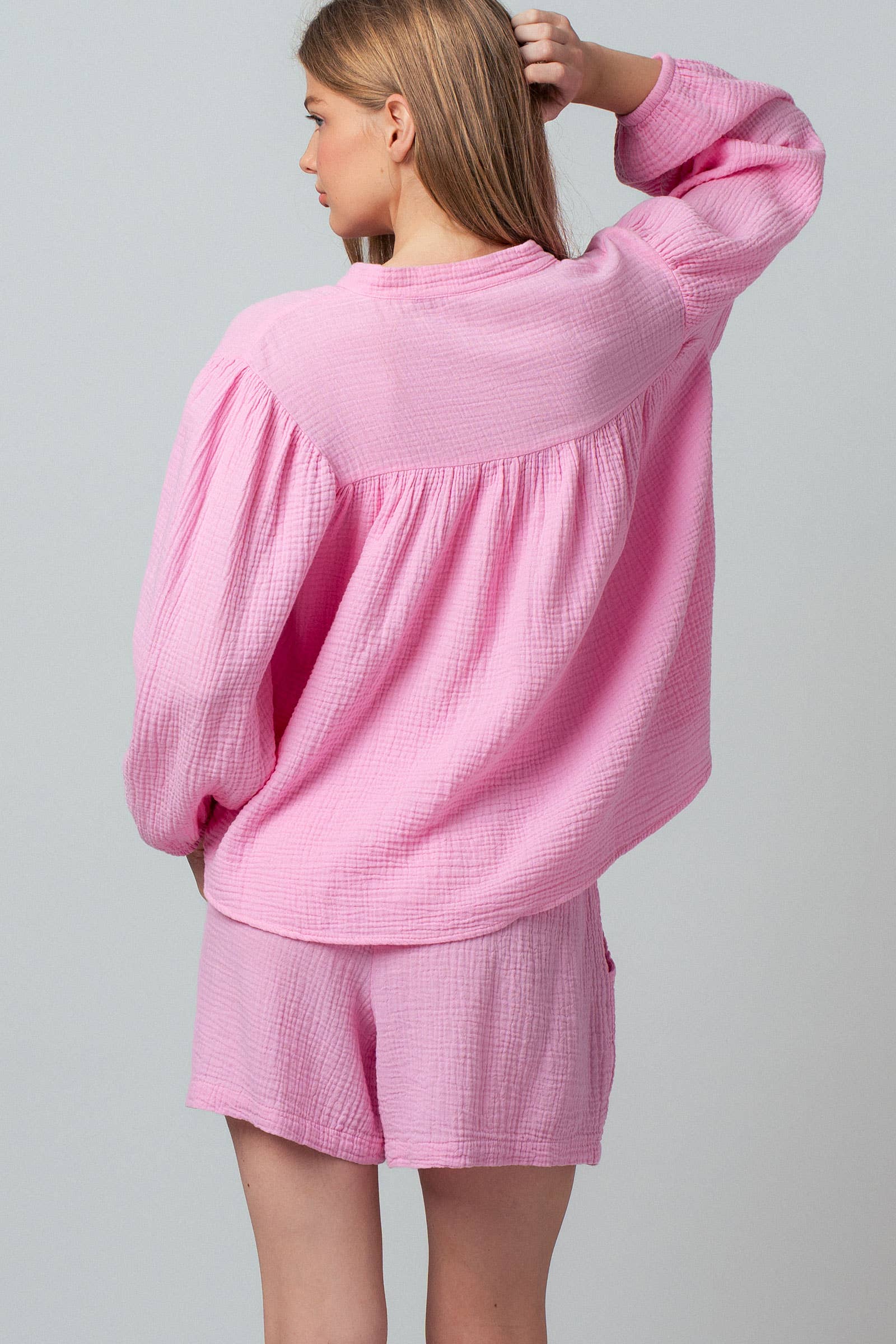 Garment Dyed Cotton Gauze Button Down Top And Shorts Set