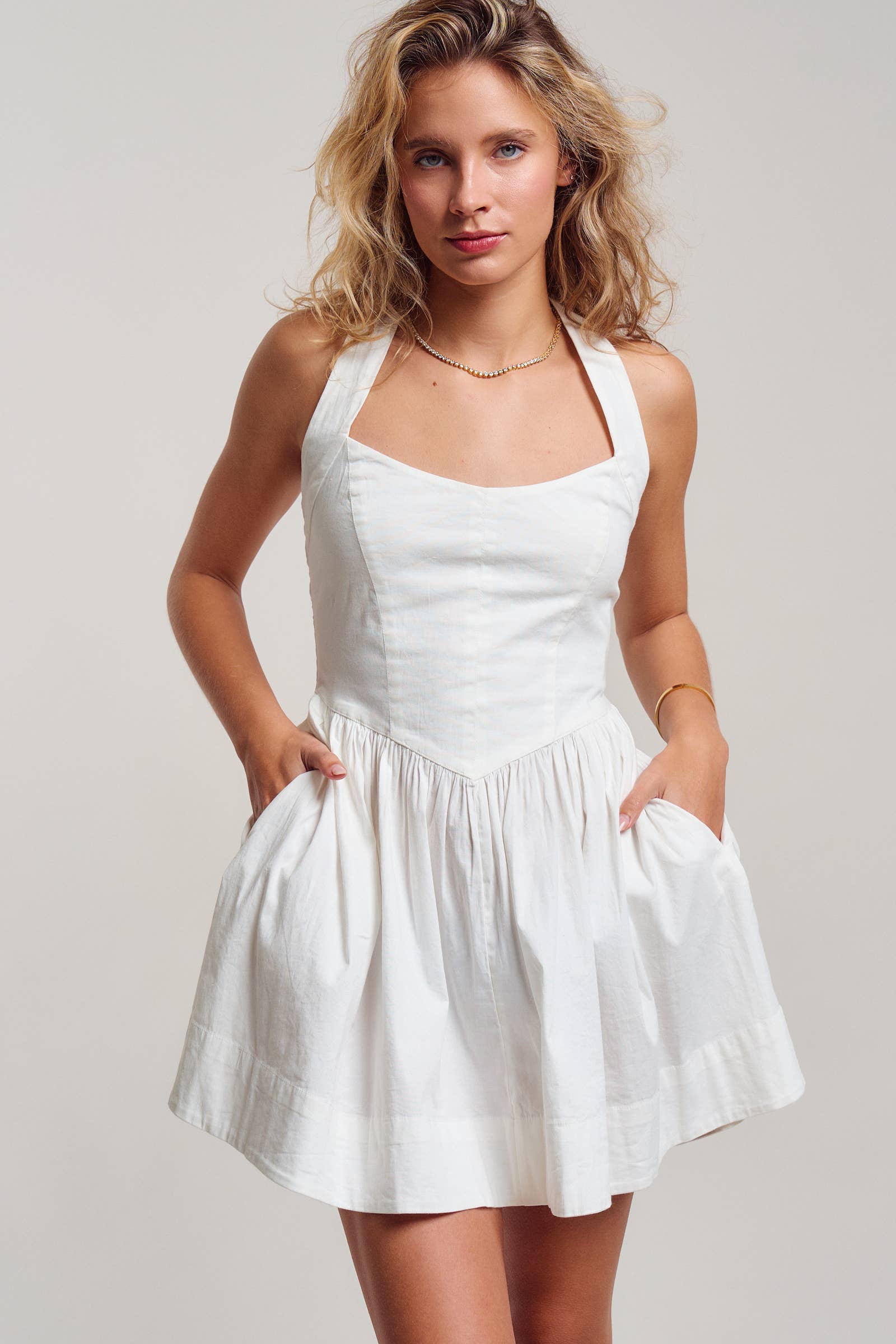 White Poplin Halter Corset Mini Dress