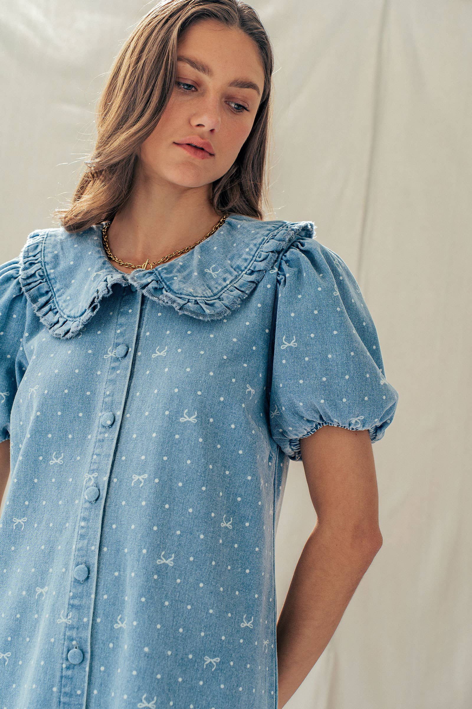 Bow Print Denim Mini Dress Ruffle Collar