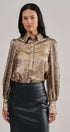 Metallic Shimmer Button Down Blouse with Puff Sleeves in GOLD - Women's Shirts & Blouses | Urban Daizy