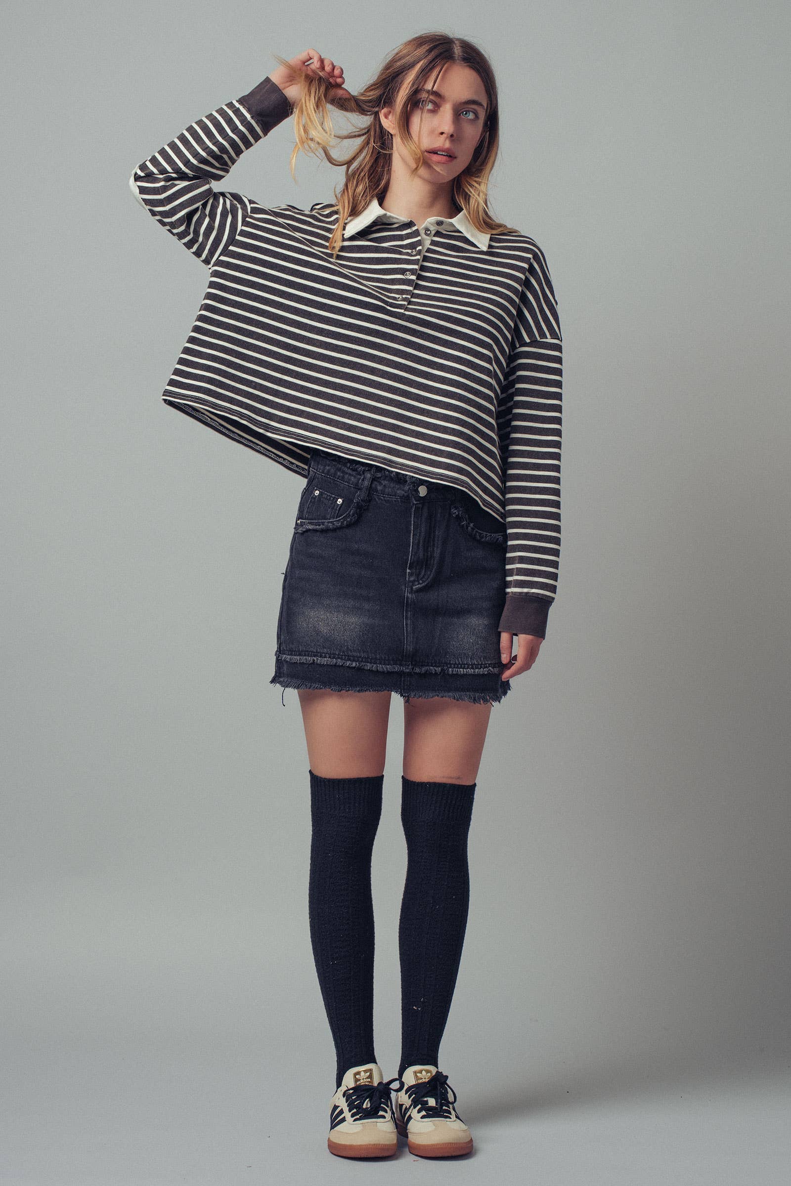 Urban Daizy Playful Cropped Stripe Cotton Top Black-White Polo - Women's (UDZ-PT-00355) – alternate view 8
