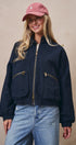 Cropped Zip Bomber Jacket in NAVY - Women's Jackets & Blazers | Urban Daizy