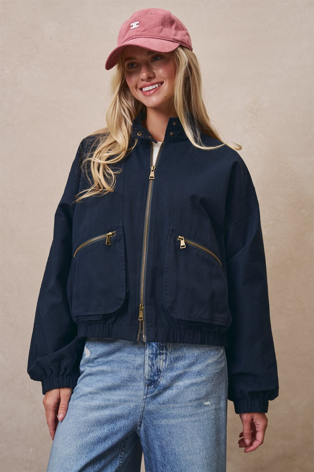 Cropped Zip Bomber Jacket in NAVY - Women's Jackets & Blazers | Urban Daizy