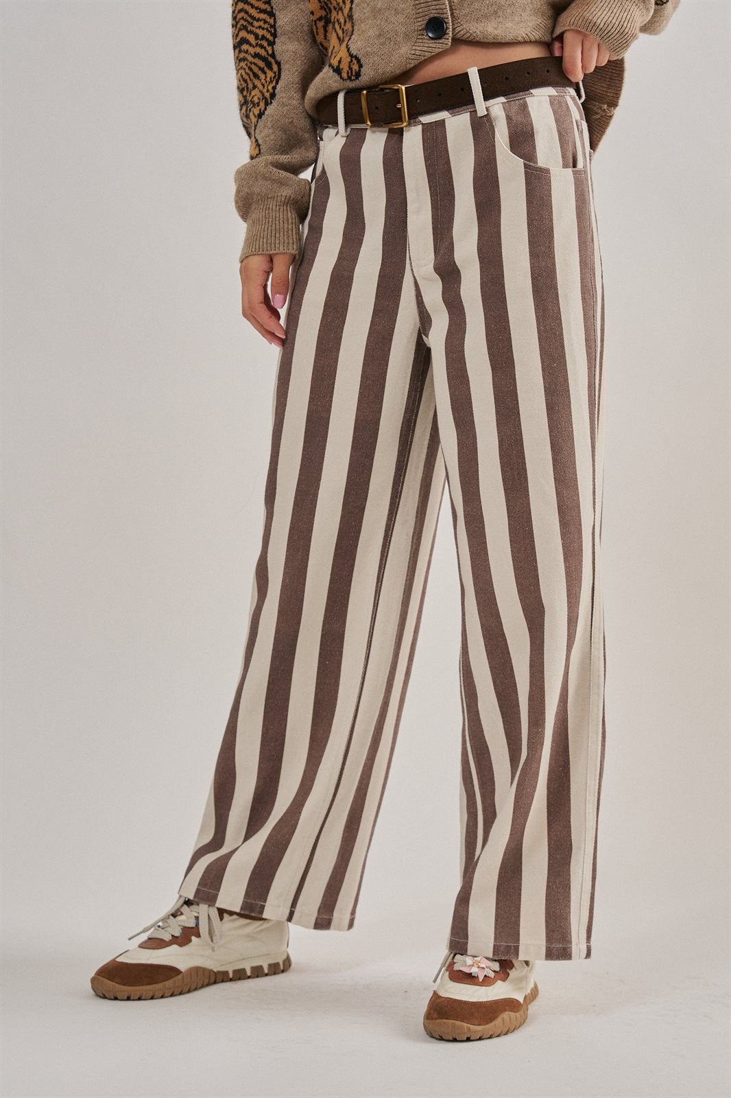 Striped Cropped Wide Leg Denim Pants