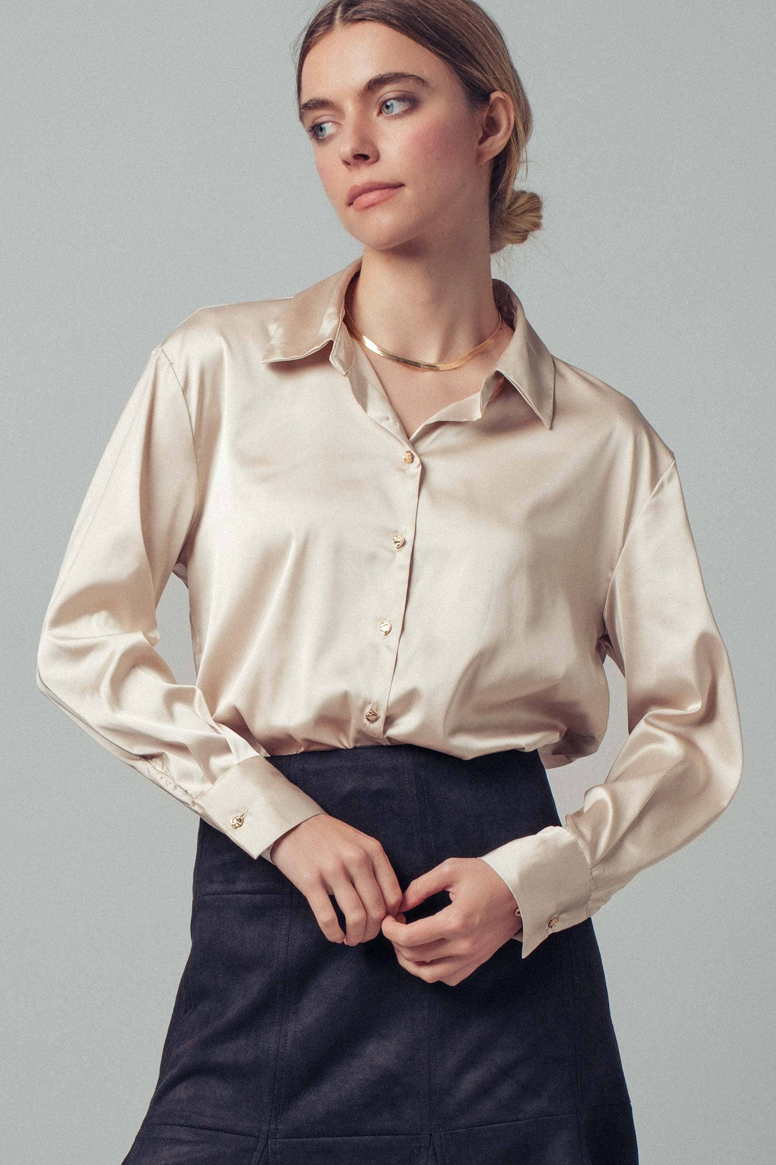 Urban Daizy Satin Button Down Blouse Brown Button Down Shirt - Women's (UDZ-KN-00150) – alternate view 2