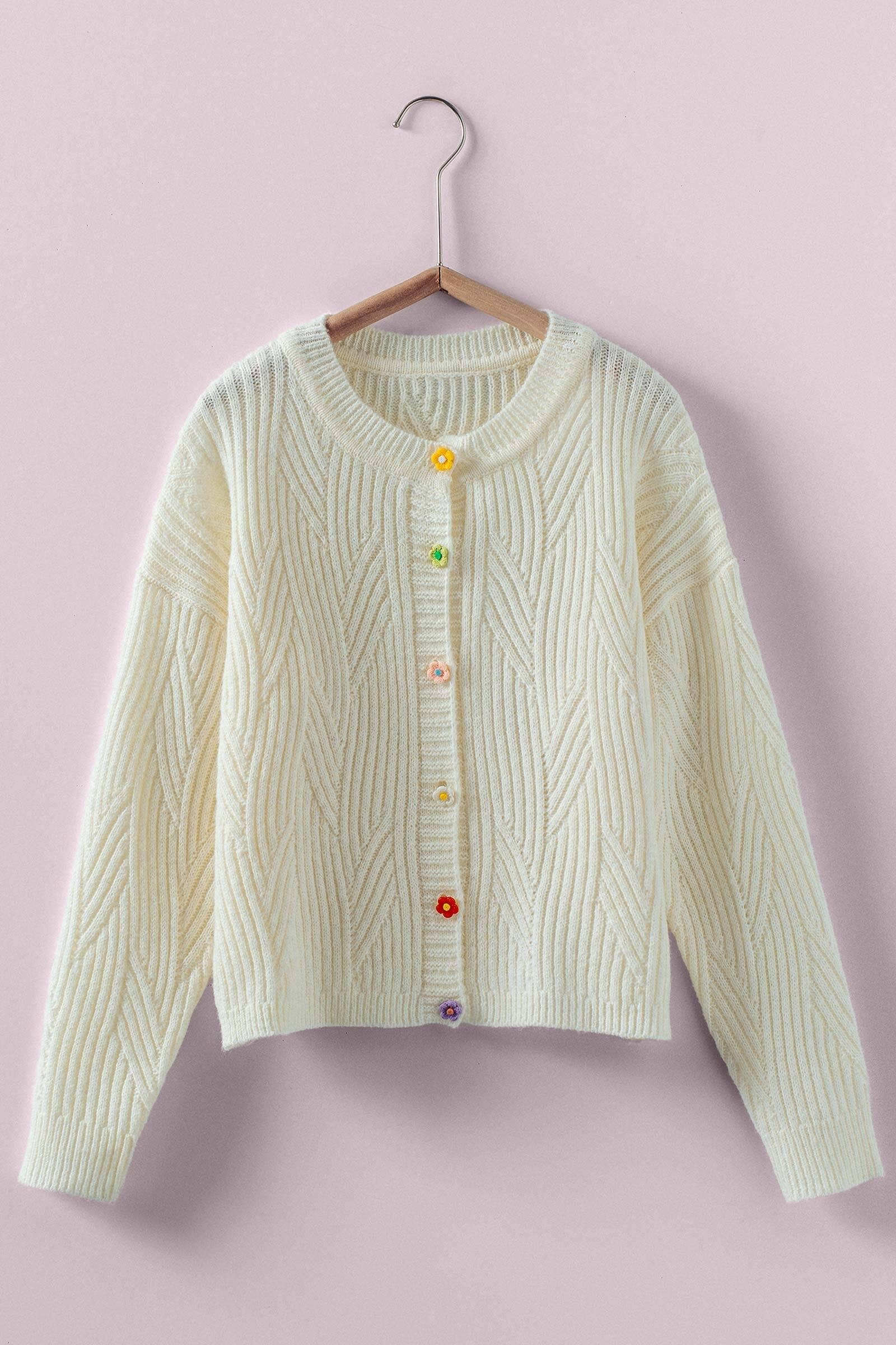 Flower Button Textured Knit Cardigan