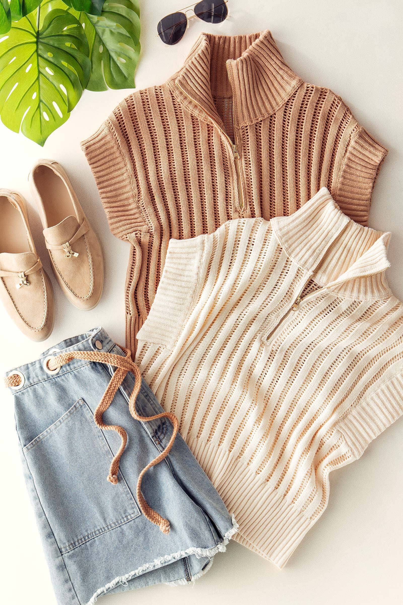 Urban Daizy Ribbed Knit Half-Zip Mock Neck Sweater Vest Ivory Knit Sweater - Women's (UDZ-KN-01053) – alternate view 2