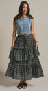 Plaid Tiered Ruffle Maxi Skirt Western Cowgirl Boho Long Ski in BLACK - Women's Midi Skirts | Urban Daizy