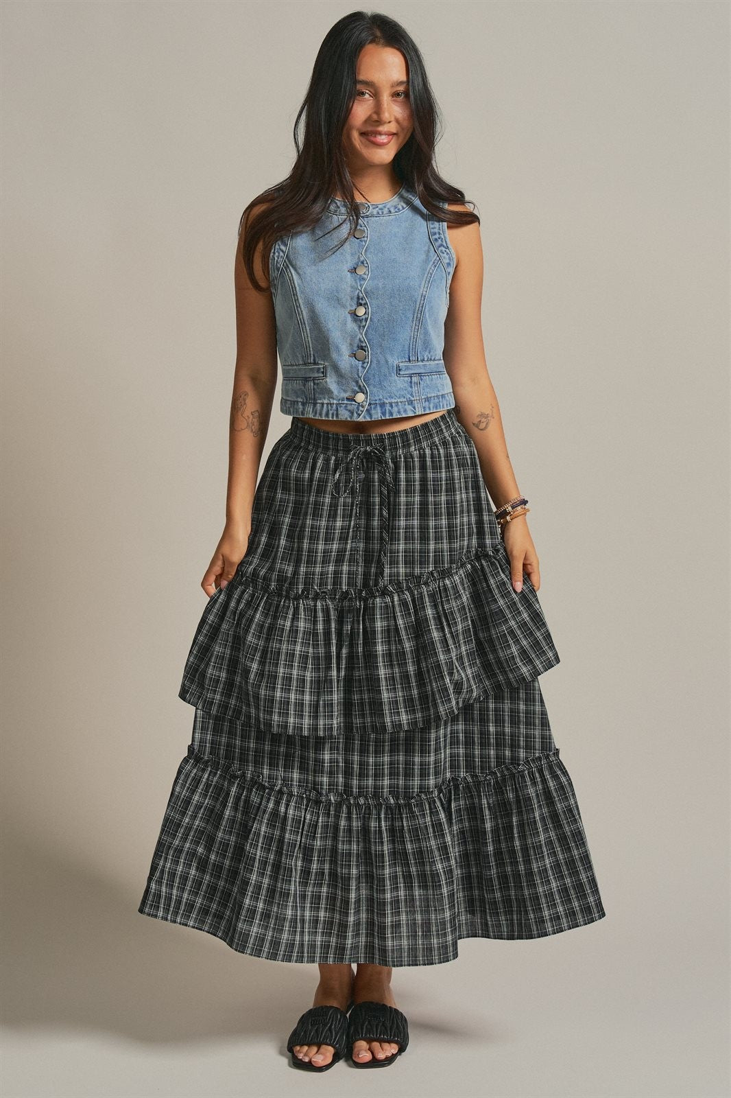 Plaid Tiered Ruffle Maxi Skirt Western Cowgirl Boho Long Ski in BLACK - Women's Midi Skirts | Urban Daizy