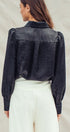 Metallic Shimmer Button Down Blouse with Puff Sleeves in BLACK - Women's Shirts & Blouses | Urban Daizy