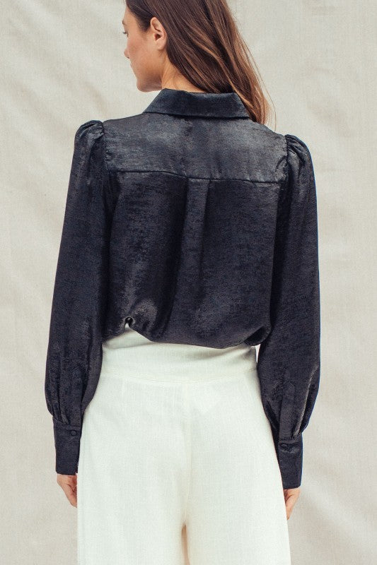 Metallic Shimmer Button Down Blouse with Puff Sleeves in BLACK - Women's Shirts & Blouses | Urban Daizy
