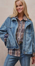 Vintage Washed Drawstring Denim Jacket with Stand Collar in DENIM - Women's Denim Jackets | Urban Daizy
