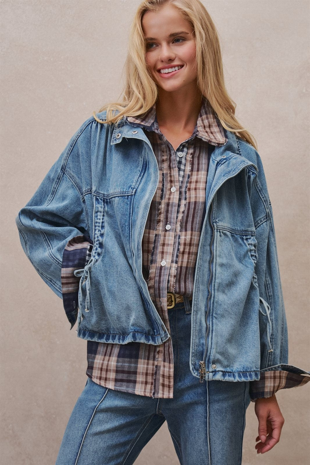 Vintage Washed Drawstring Denim Jacket with Stand Collar in DENIM - Women's Denim Jackets | Urban Daizy