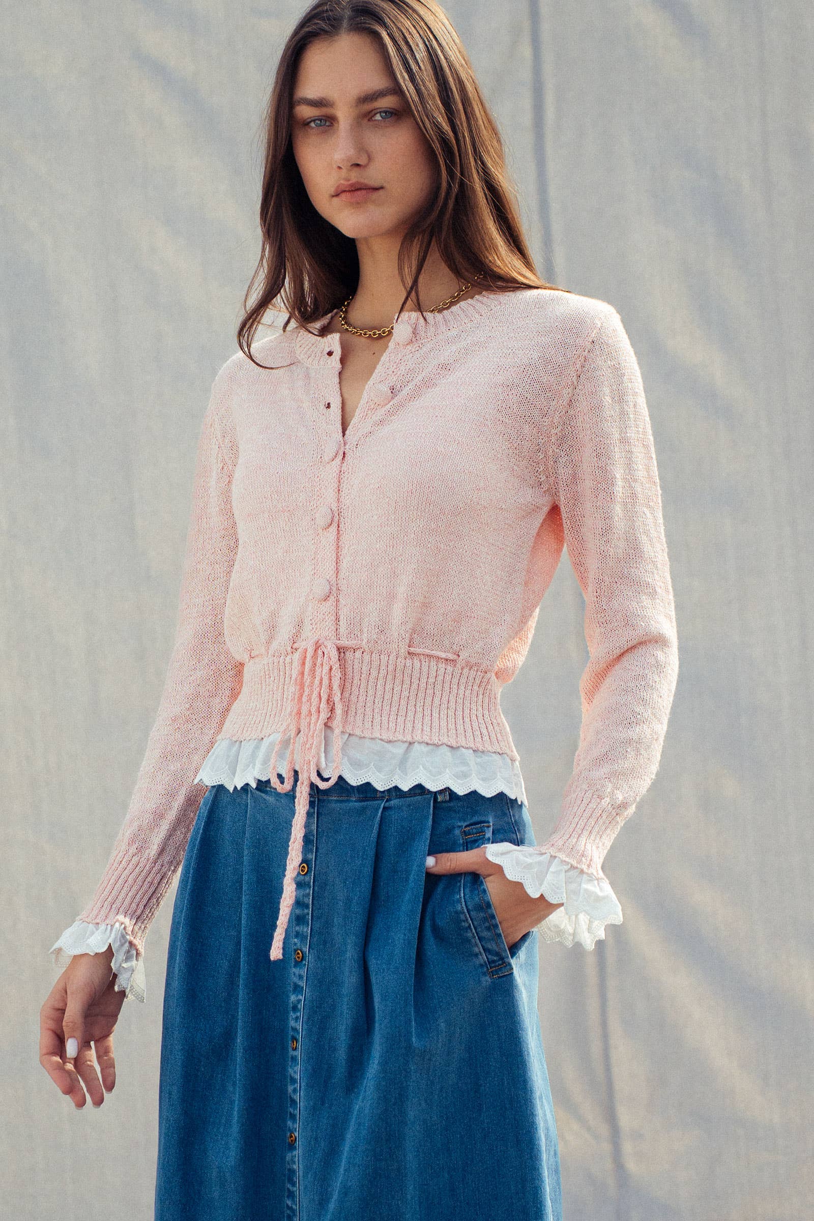 Eyelet Trim Peplum Drawstring Cardigan