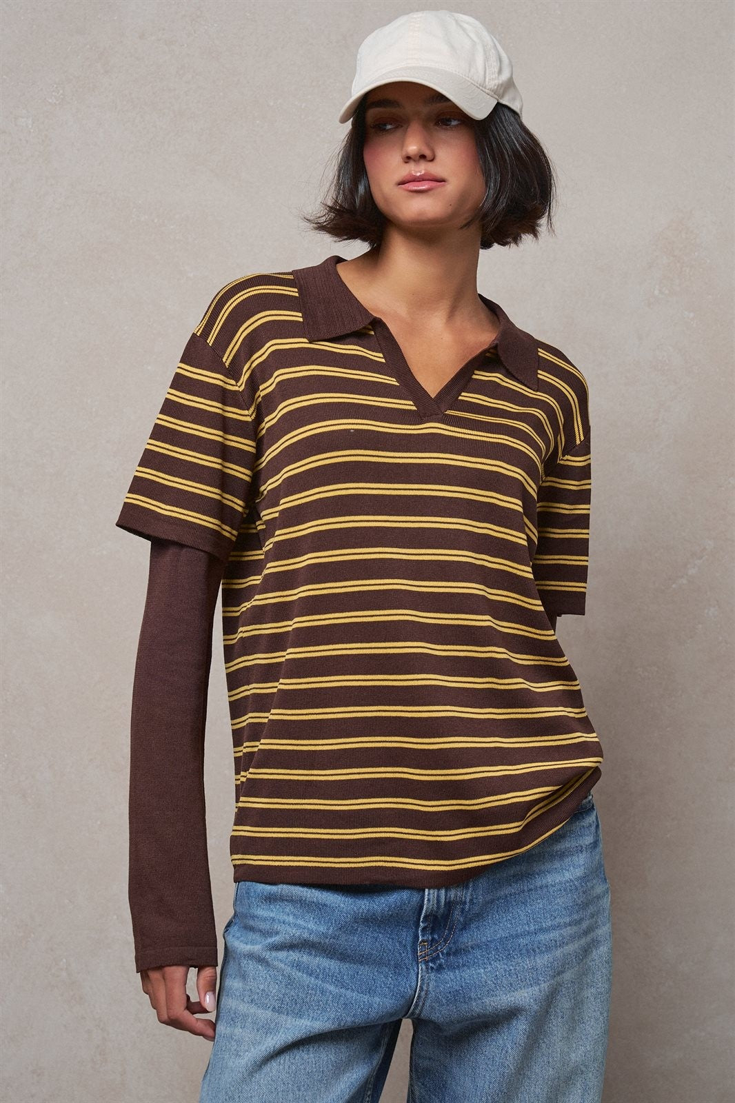 Striped Collared Layered Polo Top in BLACK - Women's Sweaters | Urban Daizy