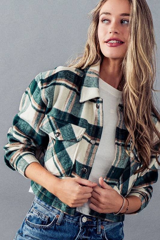 Urban Daizy BELLA SNAP BUTTON PLAID CROP JACKET Camel Jacket - Women's (UDZ-OT-00264) – alternate view 11