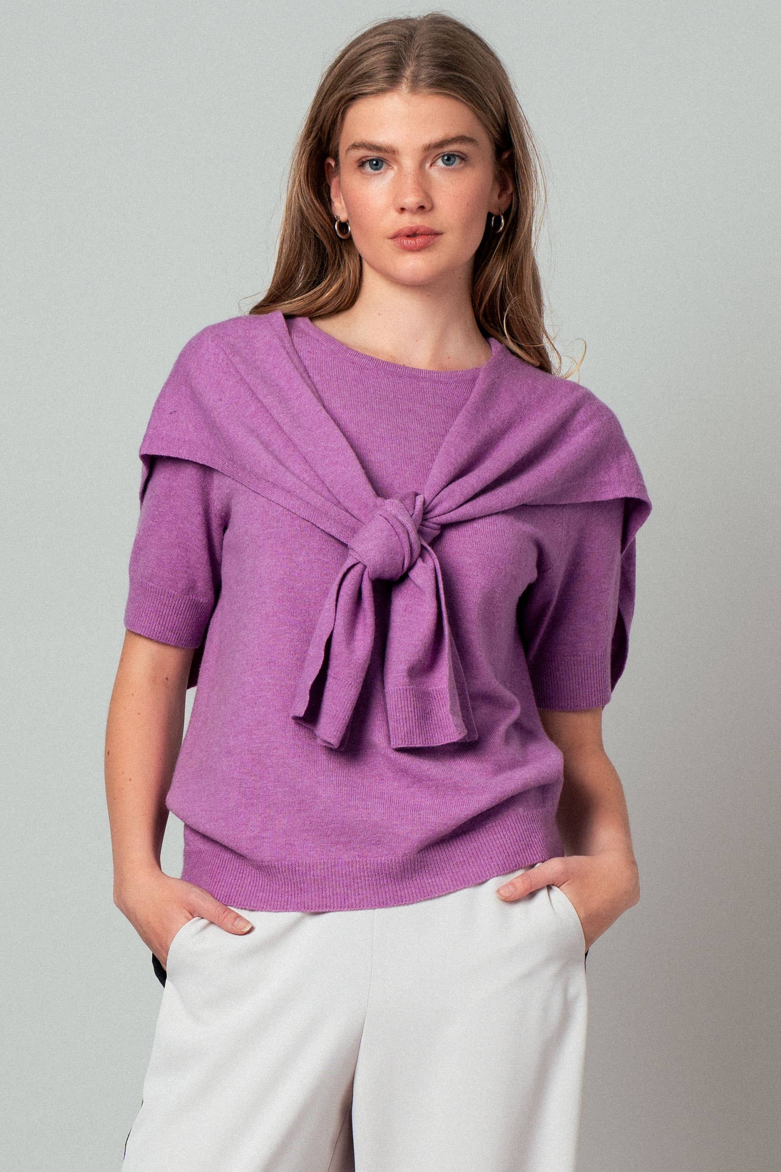 Faux Layered Tie-Front Knit Top