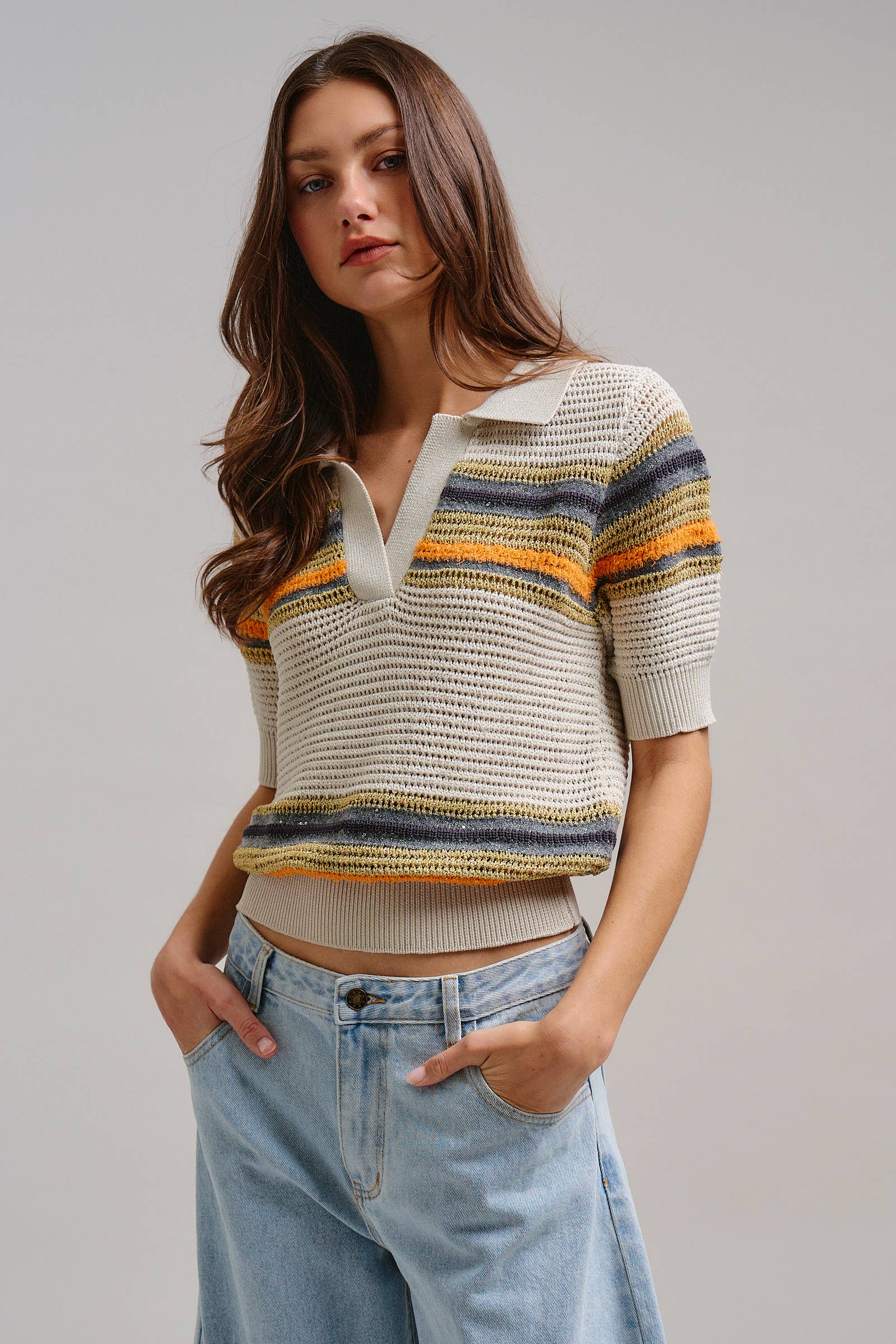 Retro Striped Open Knit V-Neck Polo