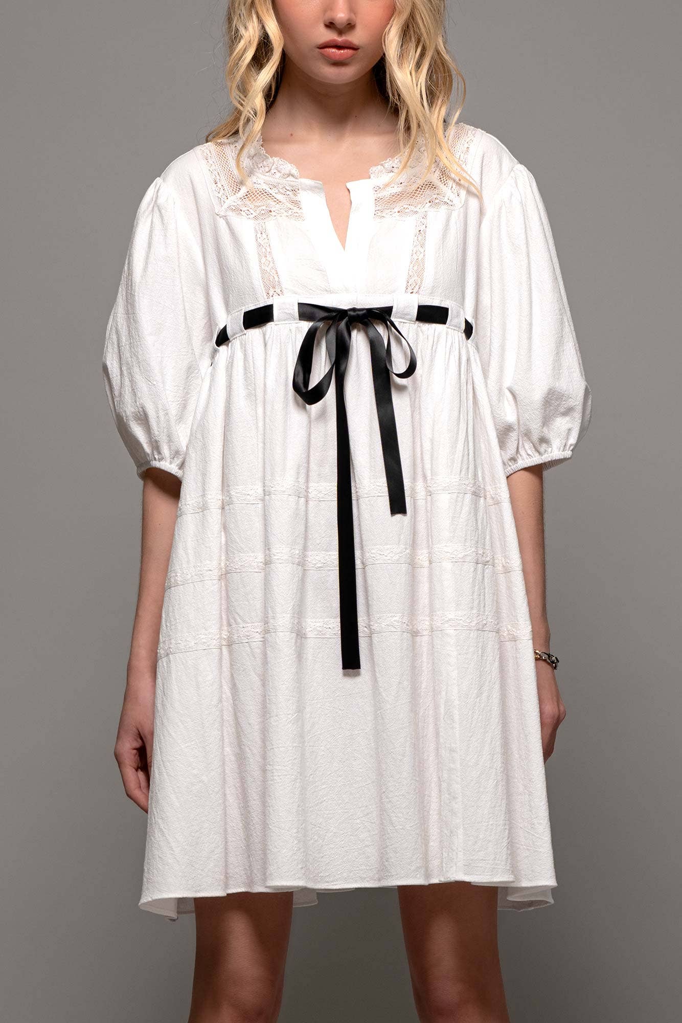 Urban Daizy Square Neck Lace Trim Bow Detail Empire Waist Dress Ivory Dress - Women's (UDZ-DR-00332)