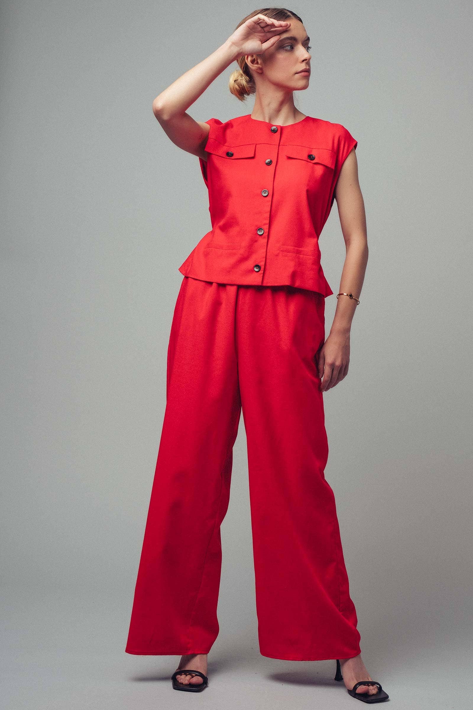 Tie-Waist Sleeveless Wide-Leg Linen Blend Jumpsuit