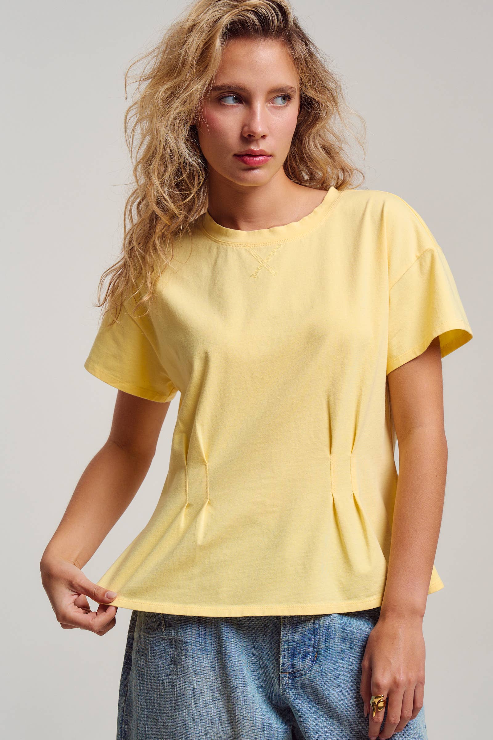 Urban Daizy Pleated Waist Cotton Spandex Everyday Tee Butter-Yellow T-Shirt - Women's (UDTP1324-Butter-Yellow) – alternate view 9