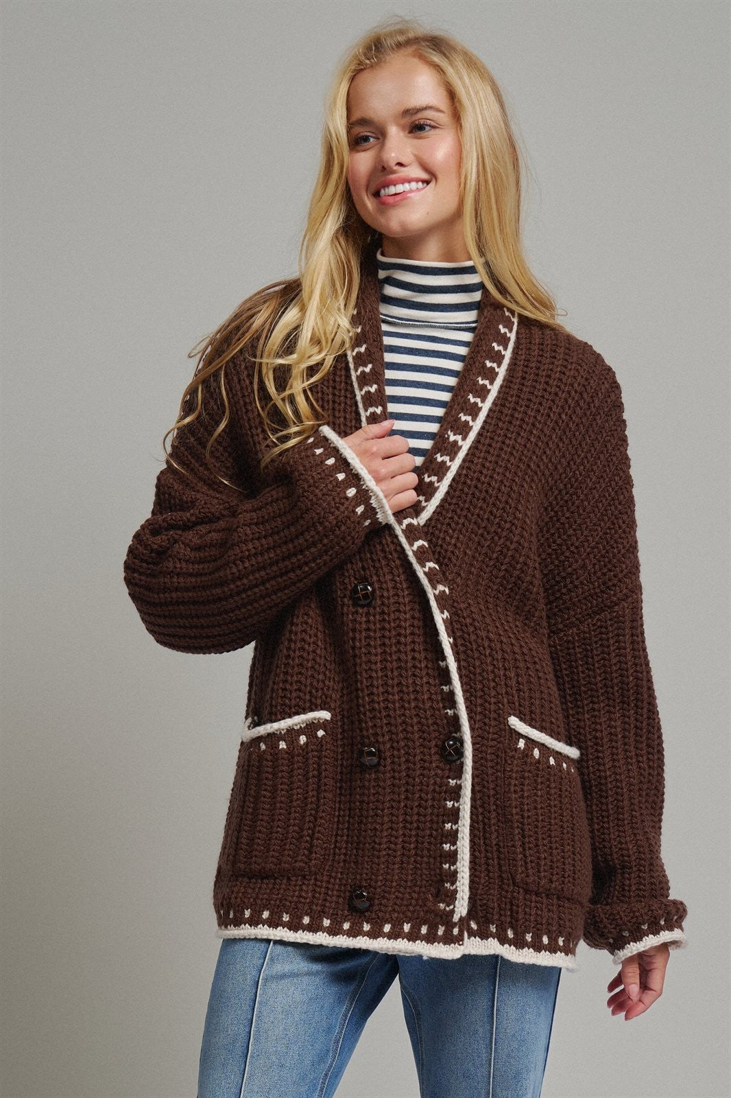 Chunky Knit Cardigan Sweater with Stitch Looks in BROWN - Women's Cardigans & Shrugs | Urban Daizy