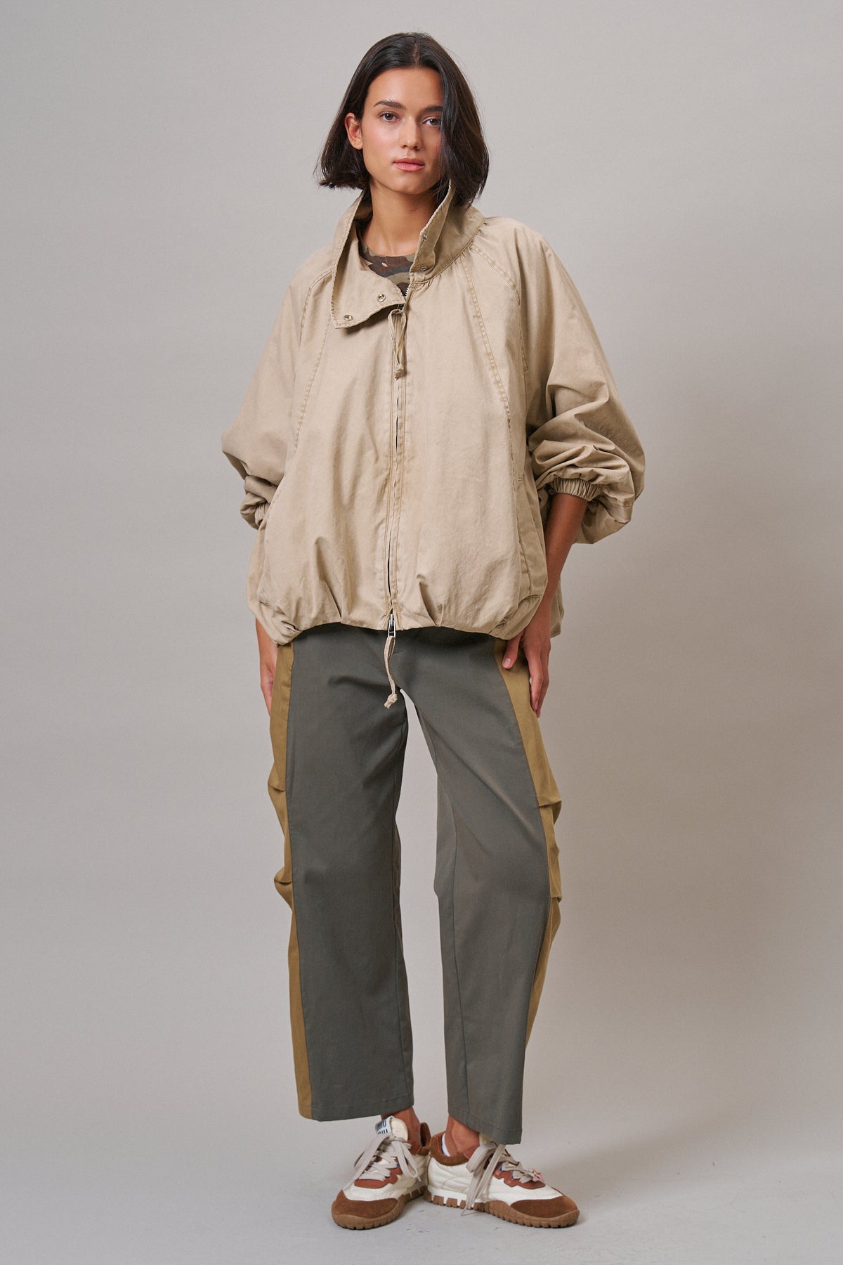 Oversized Washed Cotton Zip-Up Bomber Jacket