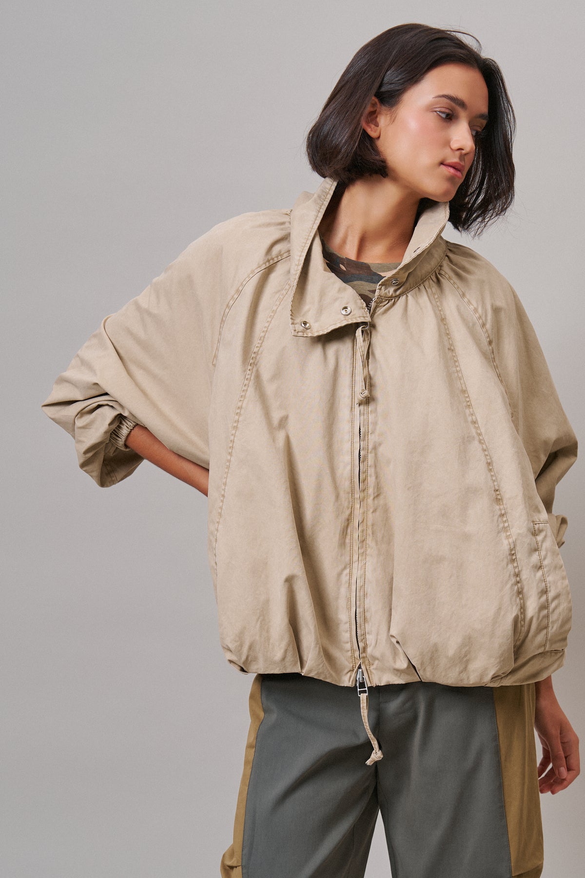 Oversized Washed Cotton Zip-Up Bomber Jacket