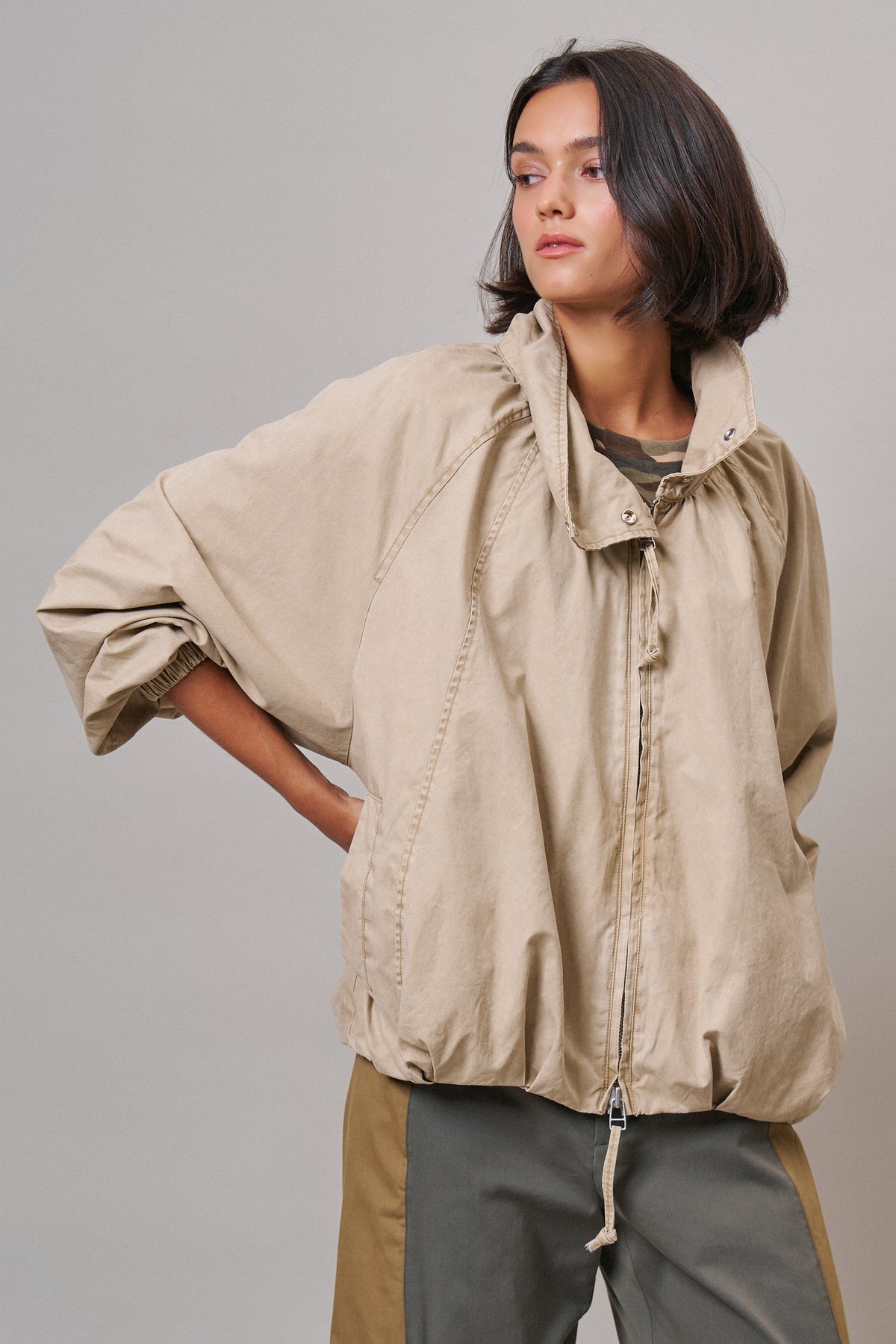 Oversized Washed Cotton Zip-Up Bomber Jacket