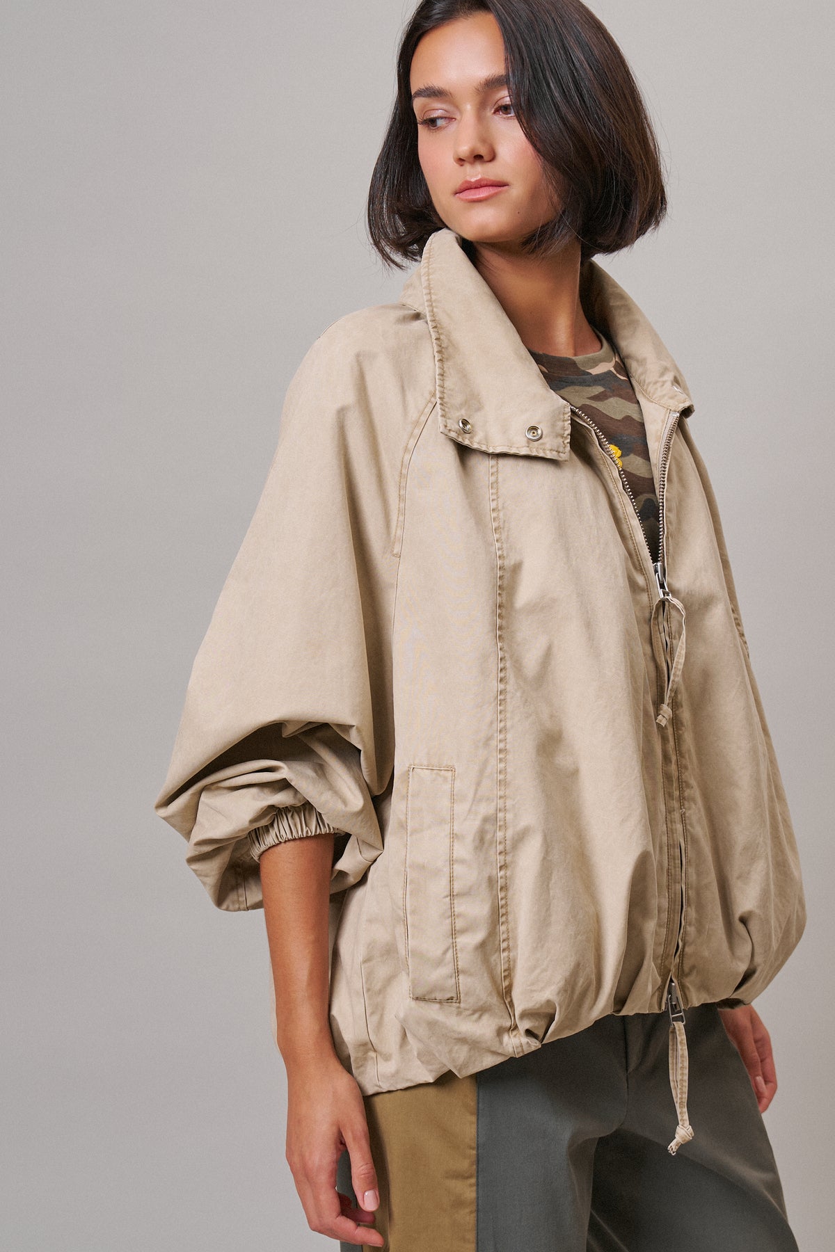 Oversized Washed Cotton Zip-Up Bomber Jacket