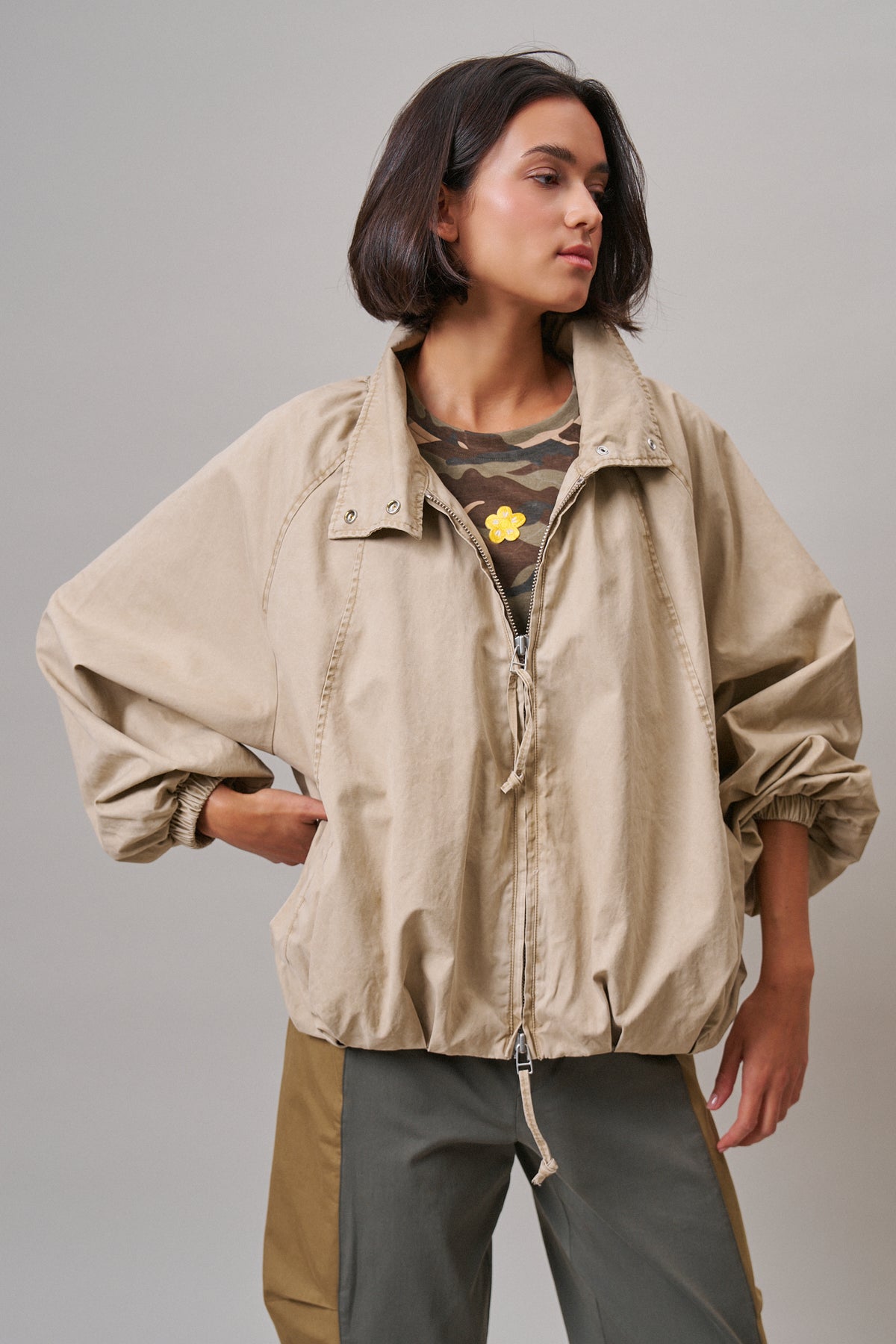 Oversized Washed Cotton Zip-Up Bomber Jacket