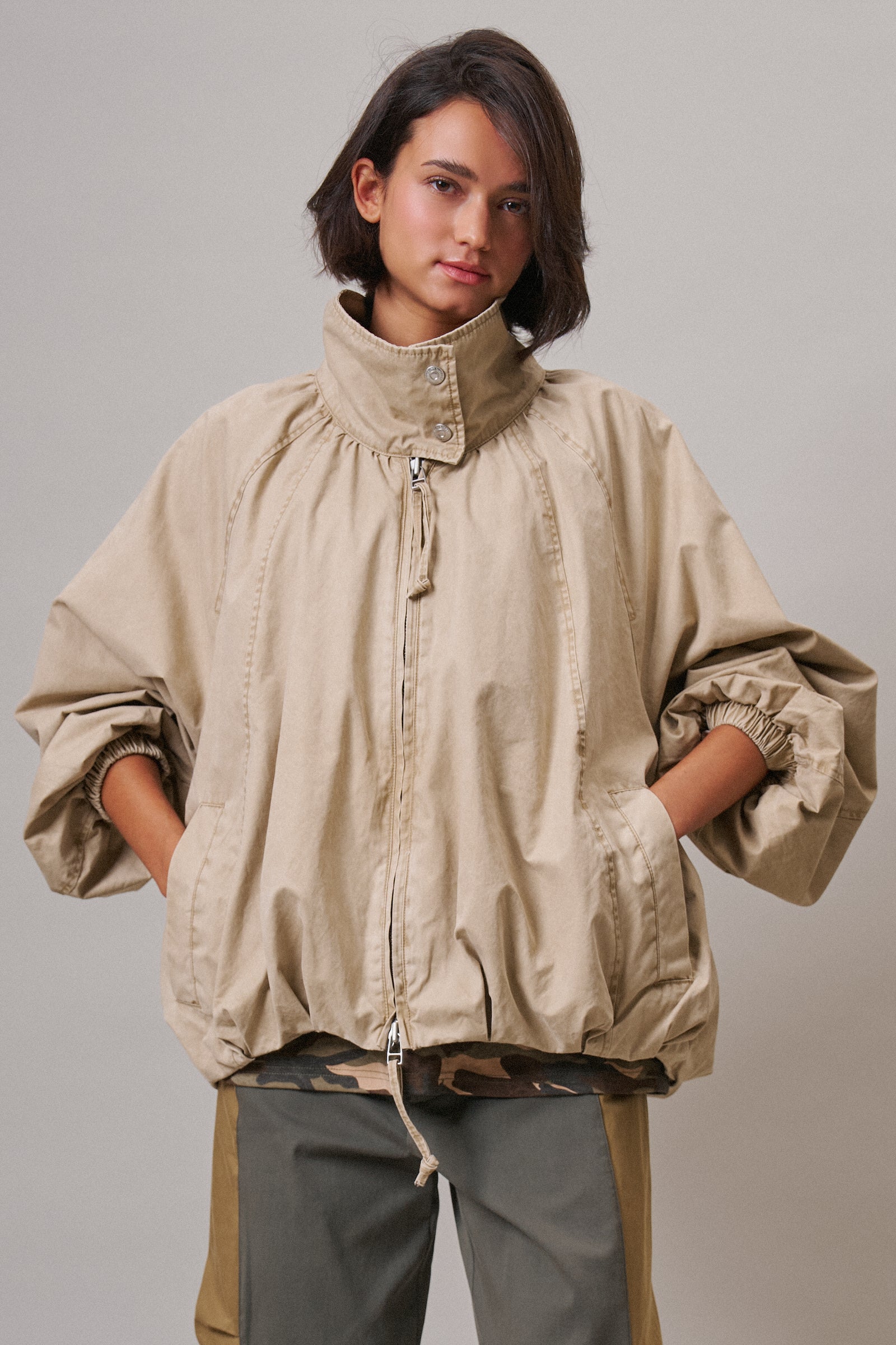 Oversized Washed Cotton Zip-Up Bomber Jacket