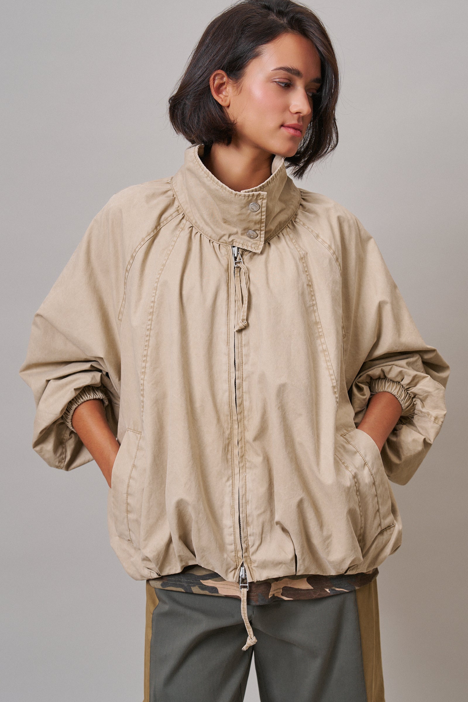 Oversized Washed Cotton Zip-Up Bomber Jacket