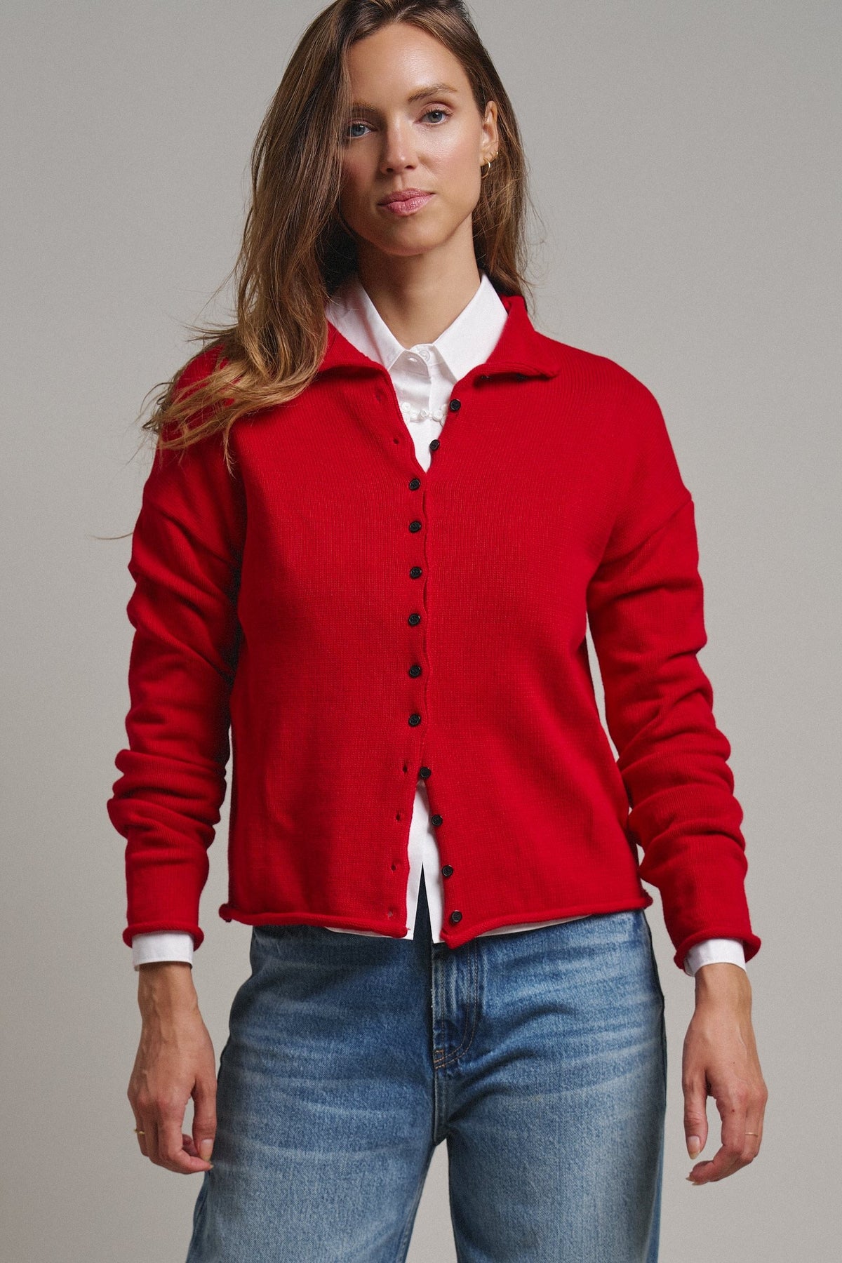 Striped Polo Collar Button Sweater with Rolled Edges in RED - Women's Cardigans & Shrugs | Urban Daizy