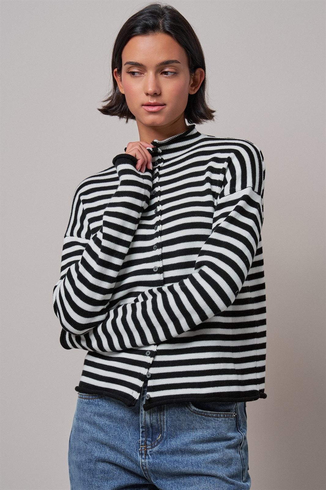 Striped Polo Collar Button Sweater with Rolled Edges in IVORY BLACK - Women's Cardigans & Shrugs | Urban Daizy