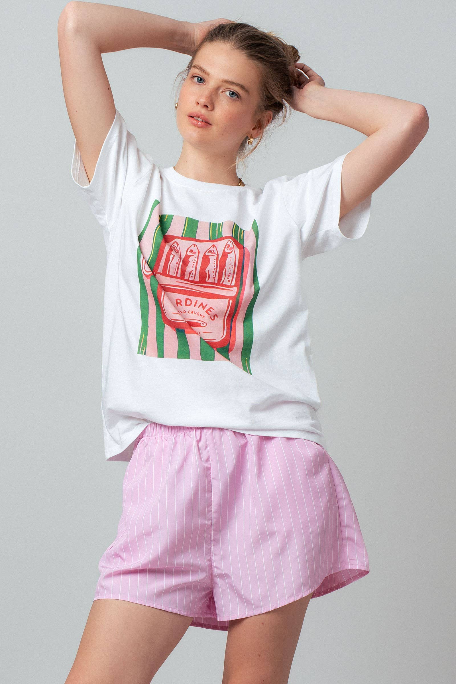 Sardine Graphic Tee and Striped Shorts Set