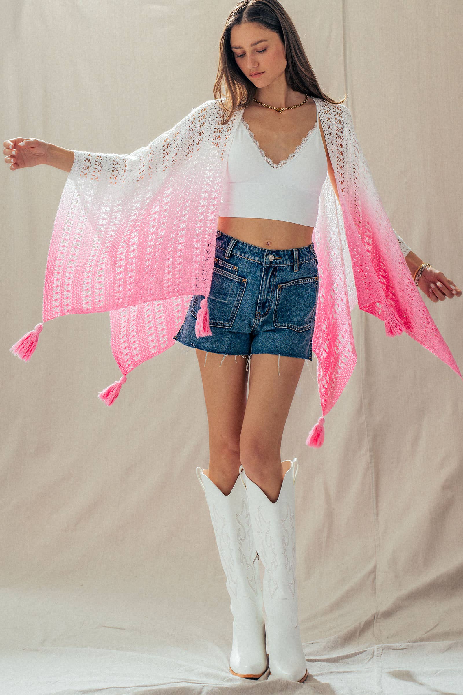 Urban Daizy Ombre Crochet Knit Poncho Tassel Cover-Up Sage Poncho - Women's (UDZ-OT-00492) – alternate view 4